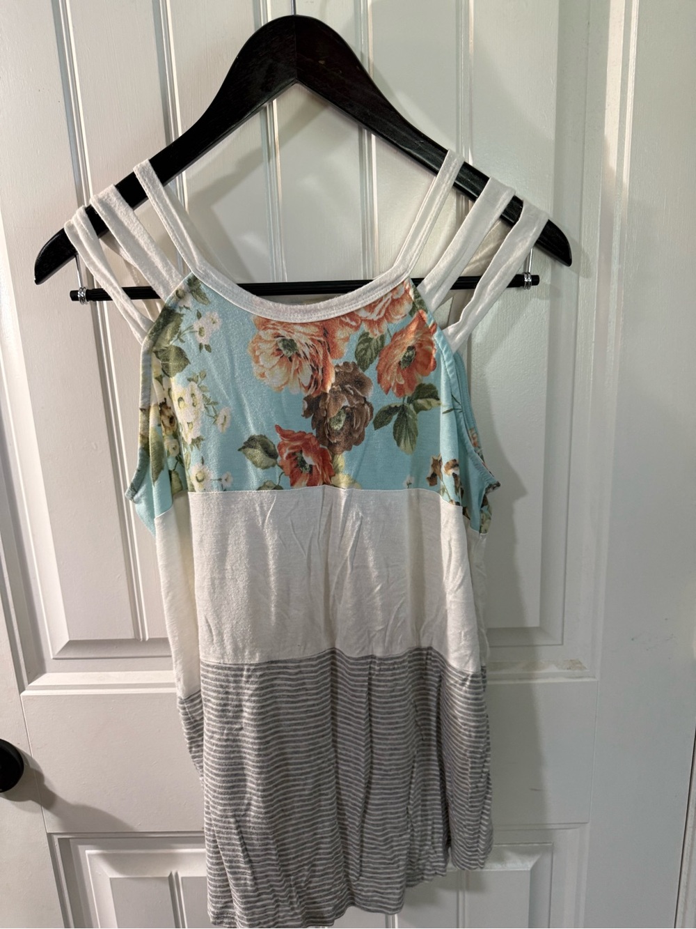7th Ray Floral Cold-Shoulder Tank Top - Light Blue, White, Gray